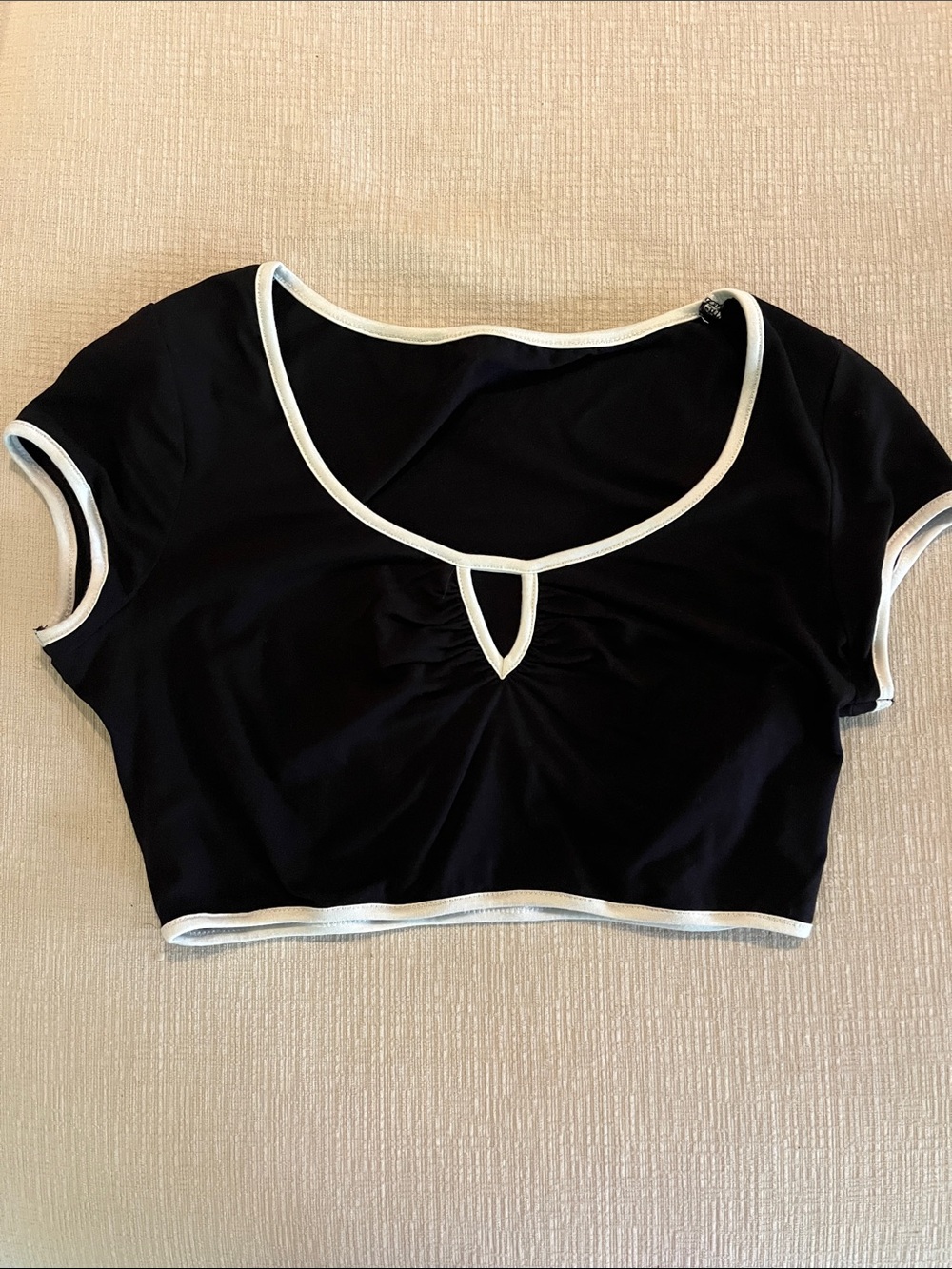 Black Cropped Keyhole Tee with White Trim - Women's Top